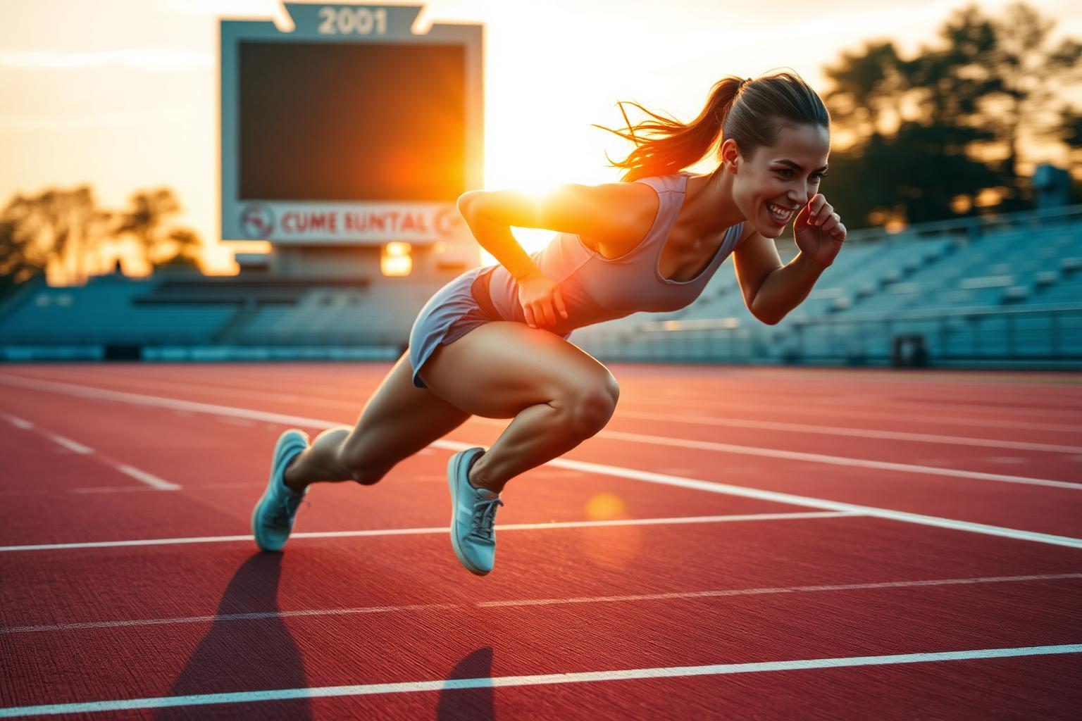 Female sprinter head-on on outdoor track at sunset — consistency and momentum